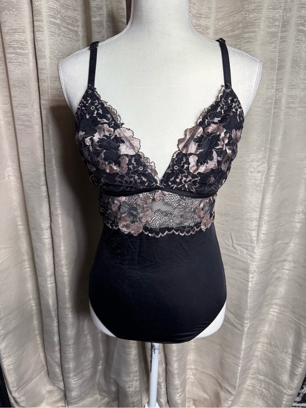 Auden Black Bodysuit with Blush Floral Lace